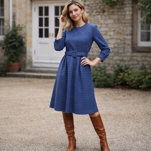Braun Style Vintage A Line Dark Blue Long Sleeve Belt Dress Conservative M